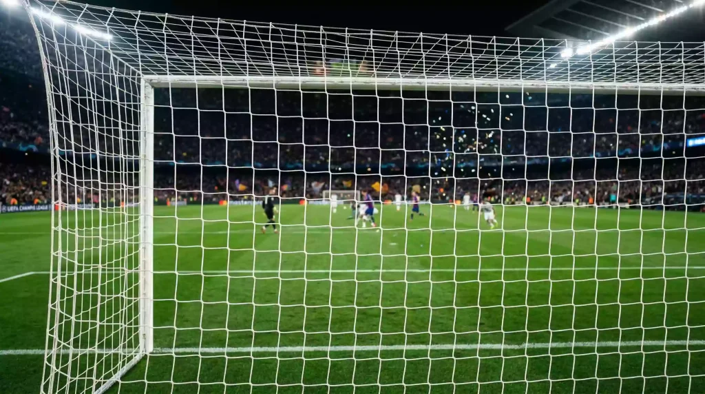Gol de Agüero 93:20: red de portería de fútbol vista desde dentro con césped y focos de estadio al fondo