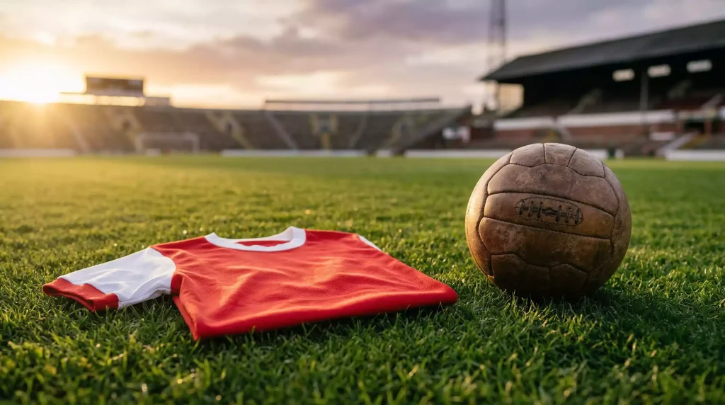 Arsenal: camiseta roja y blanca del equipo Invincible sobre césped de campo de fútbol inglés