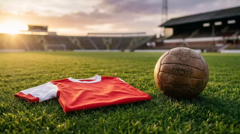Arsenal: camiseta roja y blanca del equipo Invincible sobre césped de campo de fútbol inglés