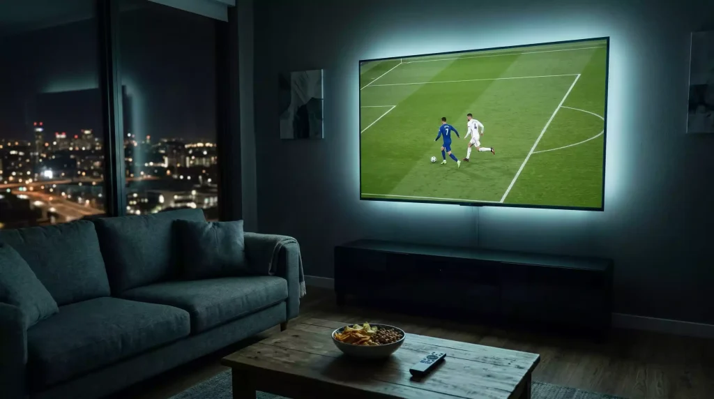 Audiencia global de la Premier League: sala de estar con televisor encendido mostrando partido de fútbol