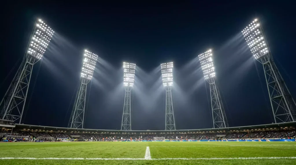 Big Six de la Premier League: seis focos de estadio de fútbol encendidos en la noche sobre césped verde