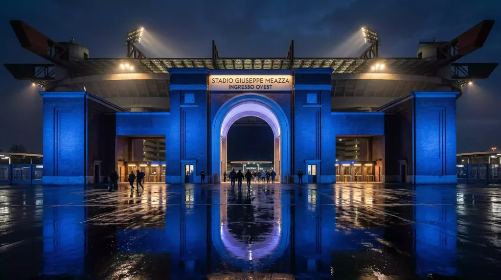 Chelsea campeón de la Premier League: fachada de Stamford Bridge iluminada en azul por la noche