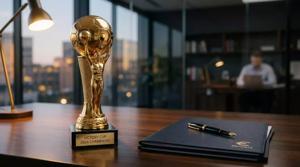 Premios del campeón de la Premier League: trofeo dorado sobre mesa con documentos financieros al fondo