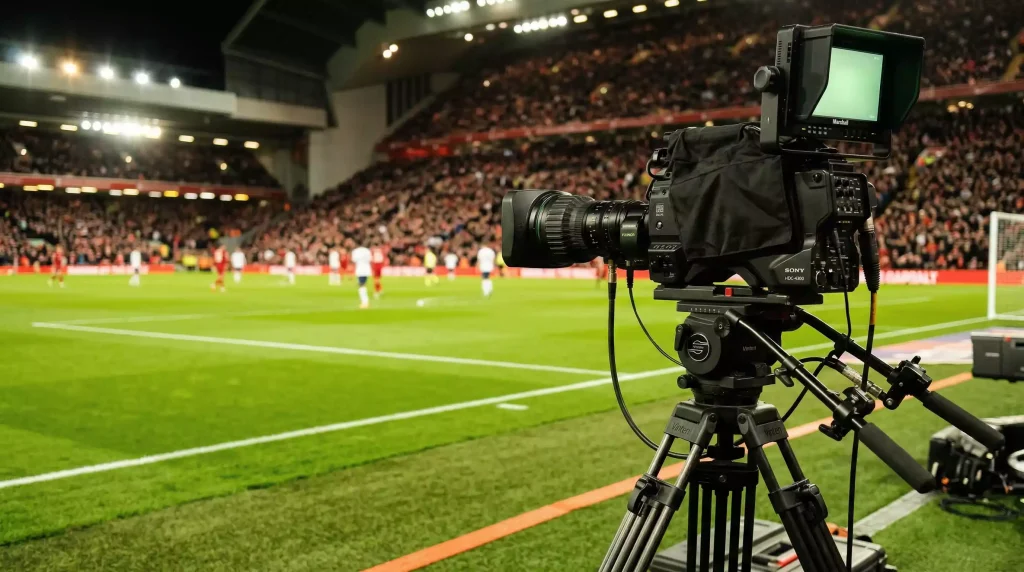 Derechos de televisión de la Premier League: cámara de retransmisión deportiva enfocando un campo de fútbol