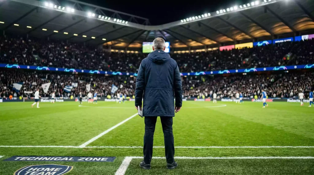 Entrenador de fútbol en el área técnica de un estadio de la Premier League