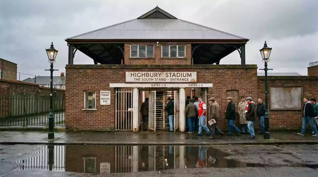Fundación de la Premier League en 1992: estadio inglés antiguo con gradas de ladrillo bajo cielo gris