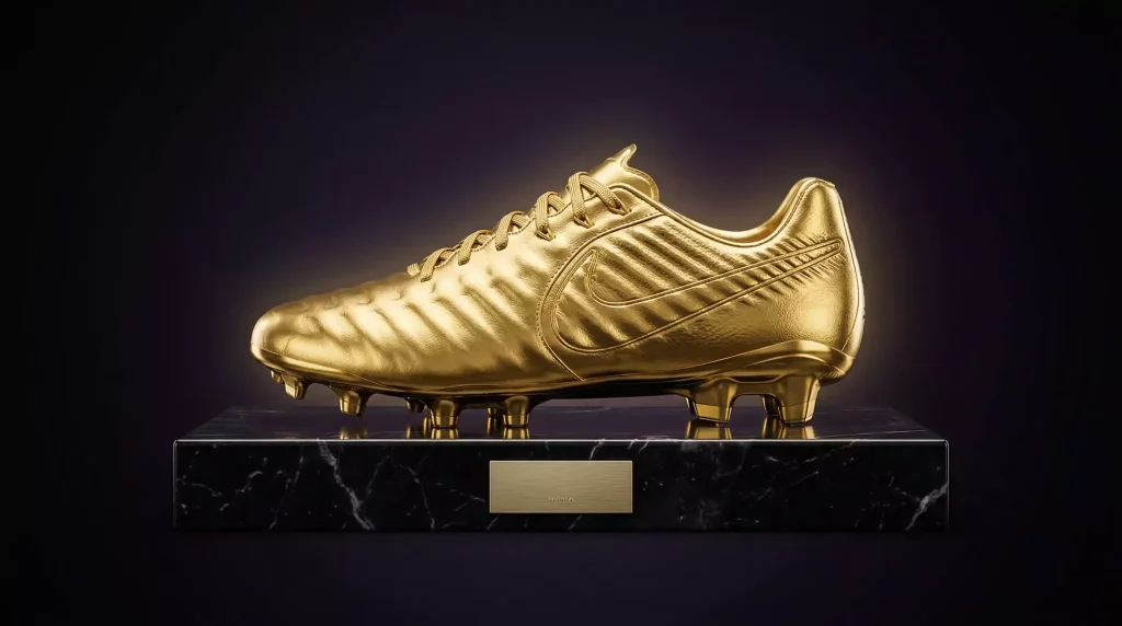 Golden Boot de la Premier League: bota dorada sobre pedestal con fondo oscuro e iluminación dramática