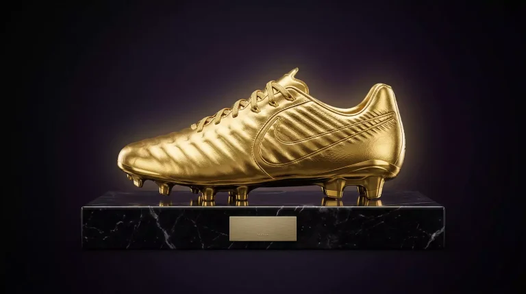 Golden Boot de la Premier League: bota dorada sobre pedestal con fondo oscuro e iluminación dramática