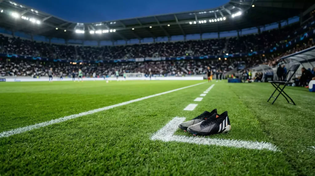 Guardiola en la Premier League: área técnica de campo de fútbol con líneas blancas bajo luz azul de estadio