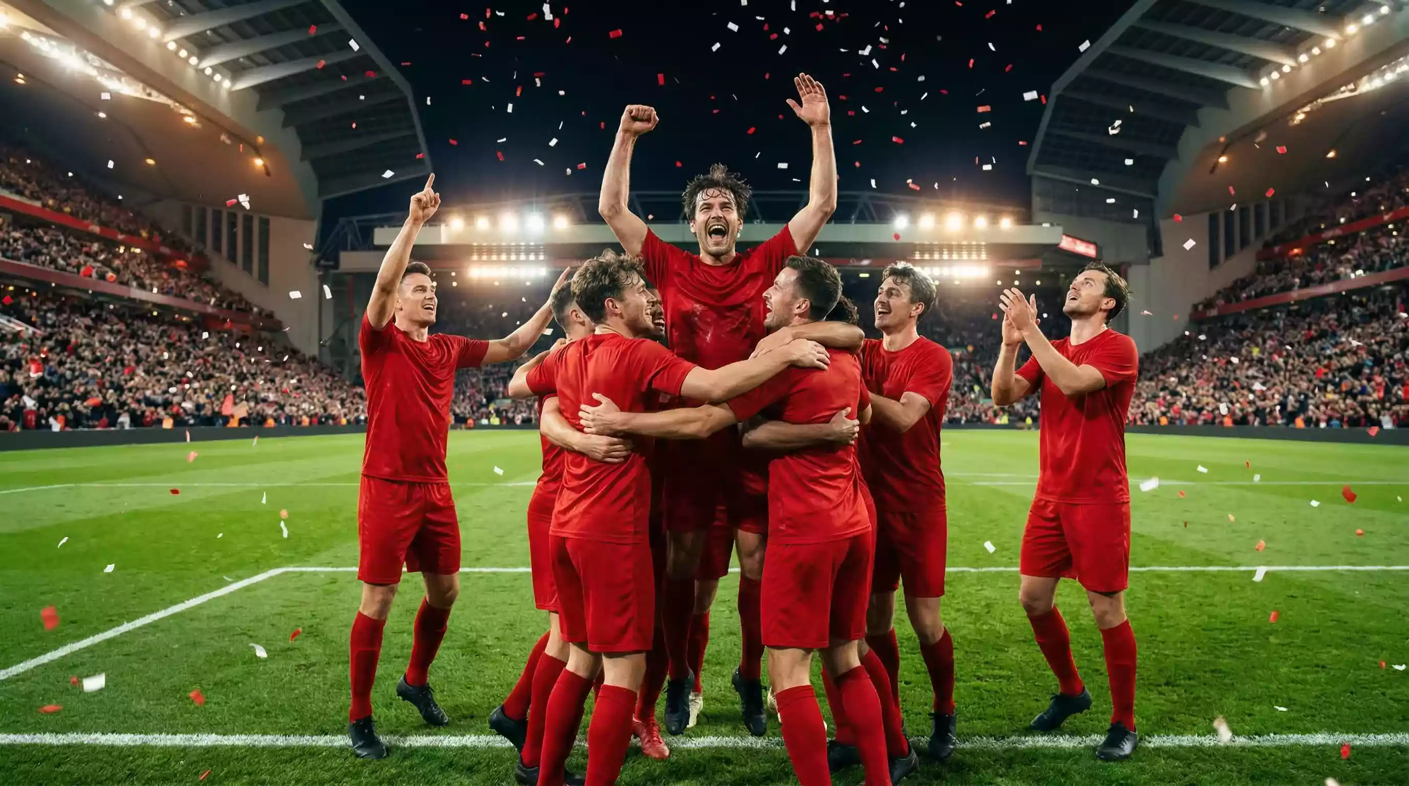 Jugadores del Liverpool celebrando el título de la Premier League 2024/25 en Anfield