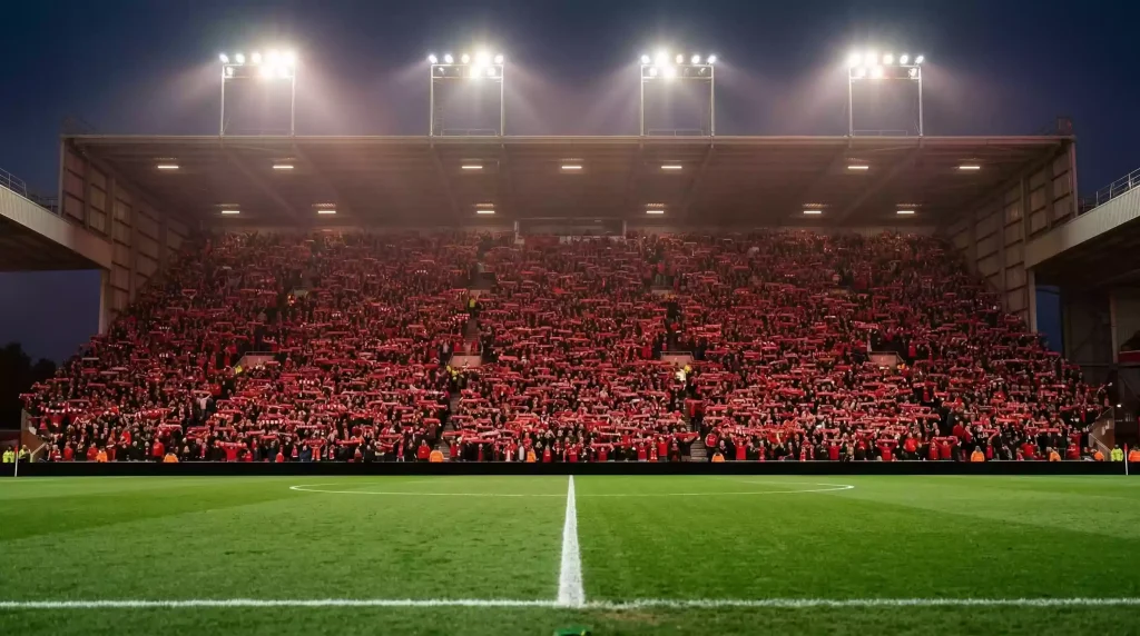 Liverpool: tribuna The Kop de Anfield con bufandas rojas en celebración de título de liga