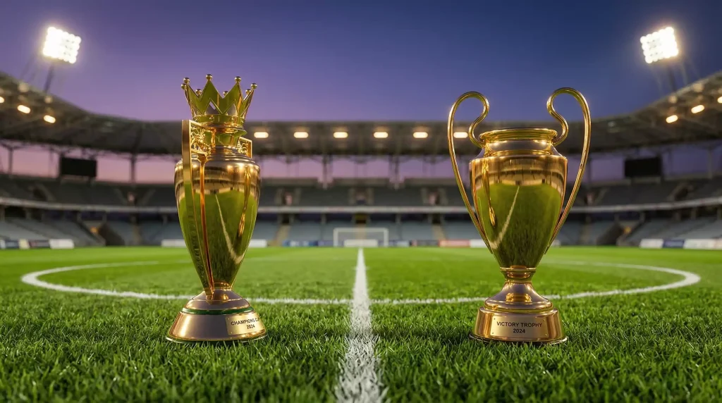 Premier League vs Champions League: dos trofeos dorados enfrentados sobre césped de campo de fútbol