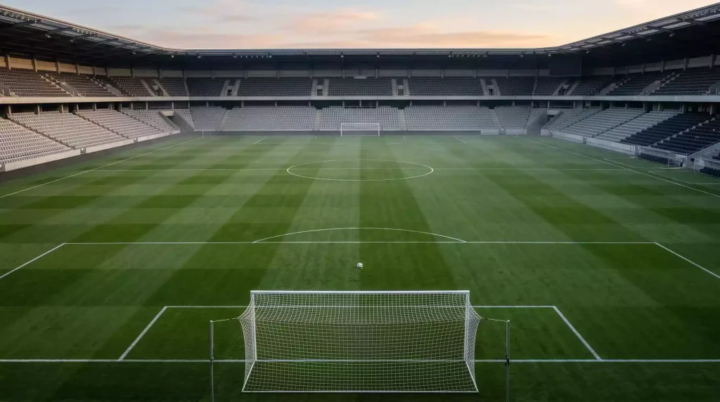 Premier League vs La Liga: dos mitades de campo de fútbol unidas, césped verde bajo focos de estadio