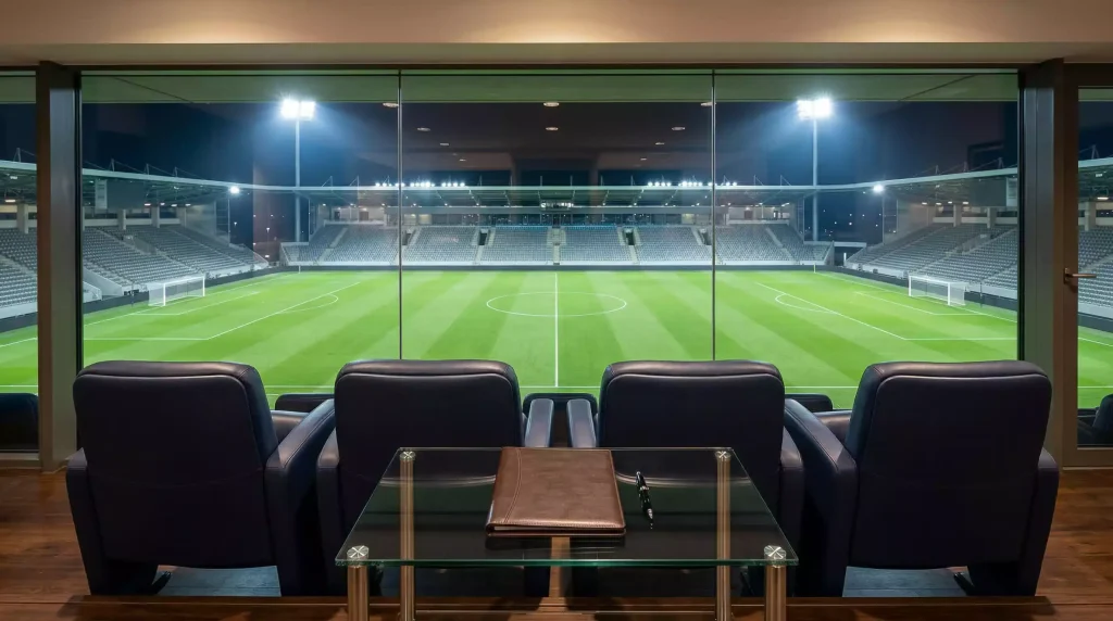 Propietarios de la Premier League: palco VIP de estadio de fútbol inglés con asientos de cuero vacíos